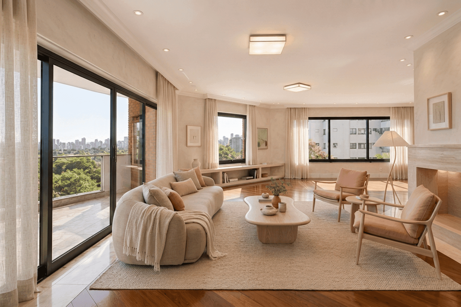 Vista para o skyline e living com lareira, a minutos do Ibirapuera